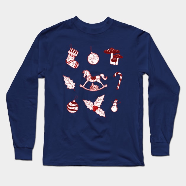 Christmas joyful illustrations of rocking horse, mushrooms, bear, snowman, Christmas stockings, candy cane, holly, gifts on a snow background. Long Sleeve T-Shirt by ChrisiMM